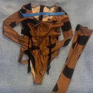Brown and Black Bodysuit with Blue Collar